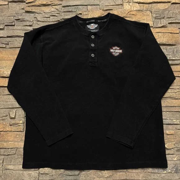 VTG Harley Davidson Thermal Shirt Mens XL Waffle Knit Long Sleeve Black Henley - Picture 3 of 8